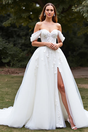 Off The Shoulder White A Line Wedding Dress with Slit
